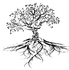 a black and white drawing of a tree with roots