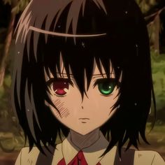 an anime character with green eyes and black hair wearing a red bow tie, staring at the camera