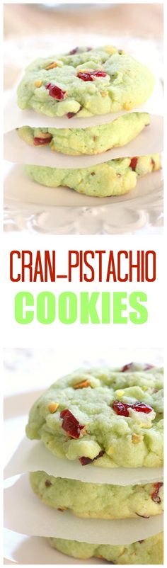 cran - pistachio cookies are stacked on top of each other