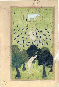 an image of a painting with animals and people in the grass, surrounded by trees