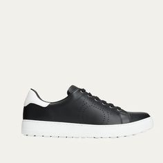 Salvatore Ferragamo "Pierre" Low-Top Sneakers With Smooth Calf Leather Upper Features Gancino-Shaped Perforations At Sides Flat Heel Round Toe Lace-Up Vamp Contrast Logo-Embossed Backstay Panel Rubber Outsole Fabric/Leather/Polyester Lining Made In Italy Classic Sneakers With Perforations And Plain Toe, Classic Plain Toe Sneakers With Perforations, Custom Calf Leather Sneakers With Perforations, Classic Black Sneakers With Perforations, Classic Black Custom Sneakers With Perforations, Luxury Low-top Men's Shoes With Perforations, Classic Low-top Golf Shoes With Perforated Toe Box, Black Leather Dress Shoes, Ferragamo Shoes