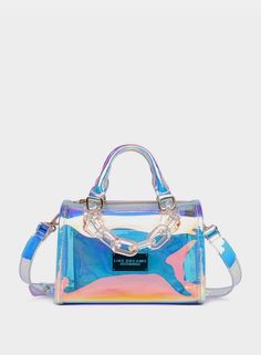 The Mini Hologram Crossbody is a spinoff from the Blue Retro and Pink Life Handbag, boasting a glossy, semi-transparent exterior and a compact carryall shape. It also features an adjustable belt strap for a convenient crossbody design as well as an inner detachable pouch. Specifications: Composition: Transparent PU Dimensions: 7 3/4"W x 5 1/4"H x 4 1/4"D 3" Top handle drop 23" Adjustable/detachable long strap Zipper closure Inner removable makeup pouch 12.91 oz Shipping & Returns: Ships within 1 Holographic Purse, Statement Purse, Mini Bowling, Pink Life, Bow Bag, Clutch Pouch, Designer Crossbody Bags, Orange Bag, Purse Accessories