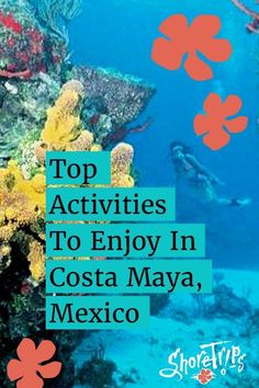 the words top activities to enjoy in costa mayoa, mexico on a coral reef