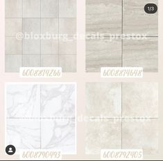 four different types of marble tiles in various sizes and colors, all with numbers on them