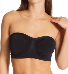 Soft strapless bra is knit for a comfortable stretch fit and easily changes shape to give you a perfect fit. Made of nylon and spandex. Seamless underwire cups are self lined with built-in pockets for removable padding, included. Cups are dual layers of 4-way stretch knit with ruching at the center and sides so that fit expands. Sweetheart neckline has a ribbed edge for flexible fit. Silicone grippers along the inner edge of the neckline (near center), keep cups from slipping. Ribbed 2-layer bas Strapless Nylon Tube Top With Built-in Bra, Strapless Tube Top With Built-in Bra, Stretch Tube Top With Built-in Bra And Underwire, Micro-elastic Strapless Bra-friendly Tube Top, Strapless Solid Color Bra-friendly Tube Top, Strapless Solid Color Tube Top, Bra Friendly, Strapless Solid Color Tube Top Bra Friendly, Seamless Stretch Tube Top With Underwire, Solid Color Bandeau Sports Bra With Built-in Bra