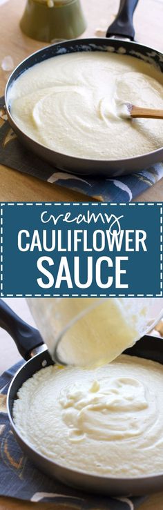 two pans filled with creamy cauliflower sauce on top of a wooden table