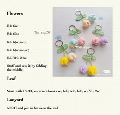 crochet keychains with flowers and pineapples are shown in different colors