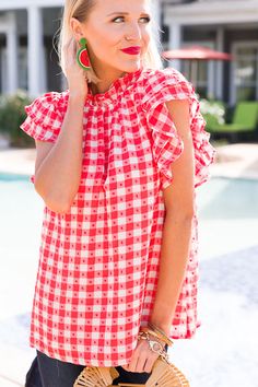 Picnic Check Blouse, Red :: NEW ARRIVALS :: The Blue Door Boutique Gingham Blouse With Ruffles For Day Out, Spring Ruffle Blouse For Picnic, Spring Ruffled Blouse For Picnic, Spring Blouse With Ruffles For Picnic, Casual Red Blouse With Flutter Sleeves, Chic Short Sleeve Tops For Picnic, Red Ruffle Sleeve Blouse For Summer, Short Sleeve Ruffled Tops For Picnic, Red Ruffle Sleeve Summer Tops