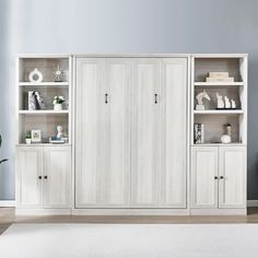 a white bookcase with two doors and three shelves