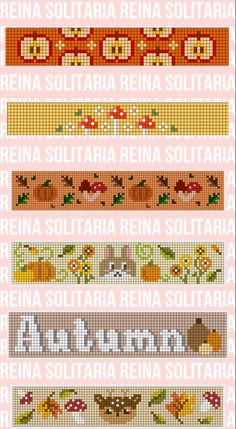 the cross stitch pattern is shown in different colors and sizes, including oranges, yellows