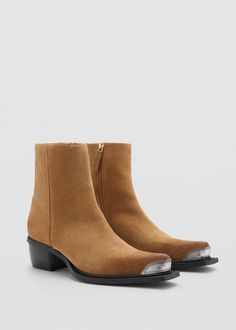 Metallic pointed toe leather ankle boots - Woman | MANGO USA Boots Men Outfit, Cowboy Style, Karl Lagerfeld Paris, Brown Ankle Boots, Cow Boy, Marching Band, Womens Boots Ankle, Leather Ankle Boots, Boots Men