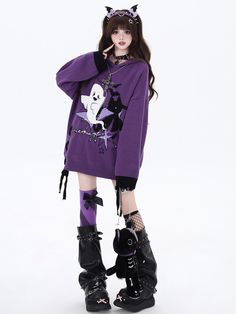 Embrace the Halloween spirit with our uniquely designed Colorblock Hooded Sweater. Featuring an adorable Little Ghost on the front, this sweater combines spooky fun with stylish flair. The colorblock design adds a contemporary touch, while the lace-up detail on the sides brings an additional layer of visual interest. For a playful twist, the cuffs are adorned with distressed holes, giving the sweater a trendy, worn-in look. Perfect for Halloween festivities.  Garment Size   	 		 			Size 			S Halloween Emo Style Long Sleeve Hoodie, Cute Fall Hoodie Sweater, Casual Purple Hoodie For Halloween, Purple Long Sleeve Halloween Hoodie, Harajuku Hoodie For Halloween Cosplay, Harajuku Style Hoodie For Halloween Cosplay, Trendy Long Sleeve Halloween Hoodie, Spooky Long Sleeve Winter Hoodie, Emo Hoodie For Cosplay In Fall