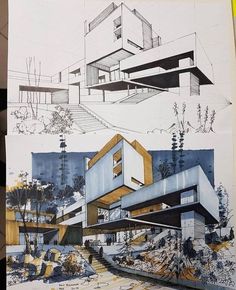 three different architectural drawings are shown in this image