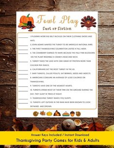 thanksgiving party games for kids and adults with the text, foul play fast or slow