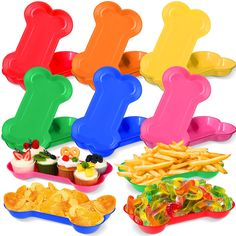 several different colored popsicles and plates of food on a white background, with one in the shape of an ice cream cone