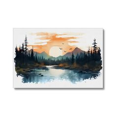 a watercolor painting with trees and birds in the sky at sunset or sunrise over a lake