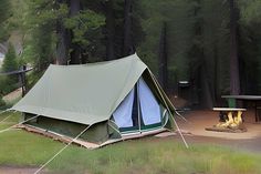 a tent pitched up next to a fire in the woods