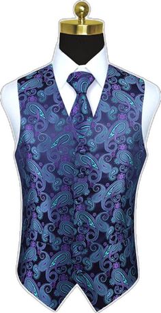 Blue Sleeveless Suits For Formal Occasions, Elegant Sleeveless Blue Suits, Blue Sleeveless Formal Suits, Fitted Paisley Print Suit And Tie Accessories For Wedding, Mens Suit Vest, Vest Set, Floral Pocket, Purple Jacket, Formal Business