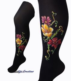 Flower design- Colorful Tights It was very inspirational to do this custom order.  You could choosre this one pair, or you could order something brand new! These tights are MADE TO ORDER Hand painted tights- you can order in any size, just tell me your hight and weight.  Please, contact me before you order!  This one are 100 denier tights, unique and very comfortable. The paint is high quality, decorative water baised for fabric- for any tipe of fiber. The colors are resistant to washing at 30 d Flower Tights, Painted Leggings, Leggings Colorful, Women's Tights, Flower Leggings, Colored Tights, Womens Tights, Wild Flower, Lily Flower