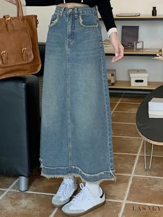 Lasaky - High Waist Raw Trim Denim Midi Skirt with Slant Pockets - Womens Fashion Denim Apparel Casual Full-length Denim Skirt With Frayed Hem, Casual Full Length Denim Skirt With Frayed Hem, Denim Fashion Women, Fall Care, Denim Midi Skirt, Autumn Summer, Denim Fashion, Birthday Cakes, Summer Fall