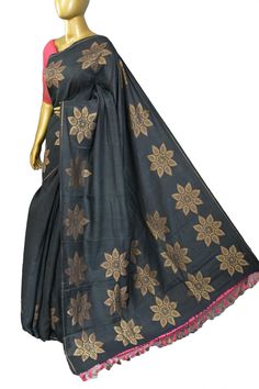 Come up with a different style with our new muga banarasi saree with a fantastic floral motif design on the body and golden zari work all over the saree, making this saree a distinguished piece in a lovely shade of coal black color. Color: A shade of coal black color Technique: Comes with allover zari work with floral pattern work on the body Fabric: Muga Silk Quality: Indyvogue's Assurance of Pure Silk Mark Certified Saree Cotton Silk Embroidered Fabric For Designer Wear, Cotton Silk Embroidered Saree Fabric With Pallu, Embroidered Cotton Silk Saree With Pallu, Embroidered Cotton Silk Saree Fabric With Pallu, Cotton Silk Saree With Zari Embroidery, Designer Cotton Silk Embroidered Fabric For Diwali, Diwali Designer Wear Cotton Silk Embroidered Fabric, Diwali Designer Wear Embroidered Cotton Silk Fabric, Festive Cotton Silk Pre-draped Saree With Motifs