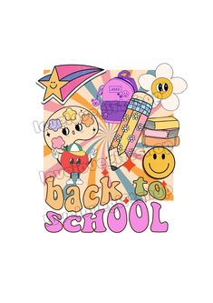 back to school with smiley faces, books and backpacks on it's side