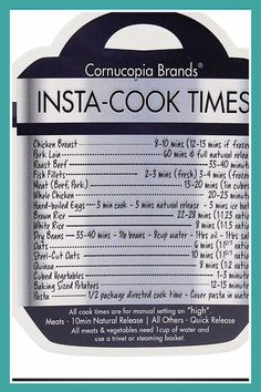 an insta - cook times label with instructions on it