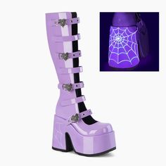 Demonia Camel 223 Light Purple Platform Boots New With Box, Never Worn Size 7 Heart Spider, Alternative Shoes, Single Sole Heels, Festival Shoes, Web Detail, Punk Boots, Light Up Shoes, Gogo Boots, Cosplay Shoes