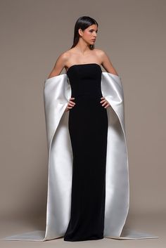 Strapless Column Gown with Cape - HerTrove Gown With Cape, Black And White Gown, Robes Glamour, Strapless Evening Gowns, Strapless Evening Dress, White Gown, Column Gown, فستان سهرة, Moda Vintage