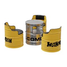 three yellow and black containers with the word corn on them, one has a metal lid