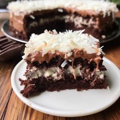 a piece of chocolate cake on a plate with one slice cut out and the rest half eaten