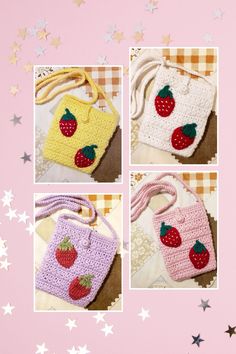 crocheted strawberry purses are shown on a pink background