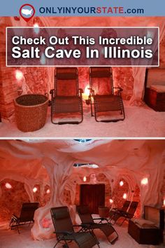 the inside of a cave with two chairs and a fire place in it that reads, check out this incredible salt cave in illinois