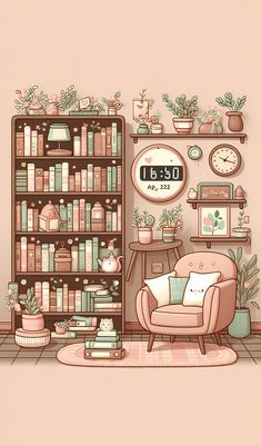 a living room filled with furniture and bookshelves covered in plants next to a clock