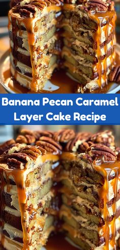 the cake is covered in caramel and pecans