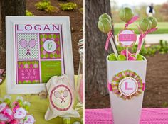 the table is decorated with pink and green items