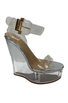 Not a fan of heels? This clear wedge fixes the problem of comfort but is still sexy. Everyone woman needs a clear heal! Details: Features PVC strap and clear wedge heel. Heel: Approx: 3” Clear Wedges, A Fan, Every Woman, Wedge Heels, Wedges, Fan, Heels