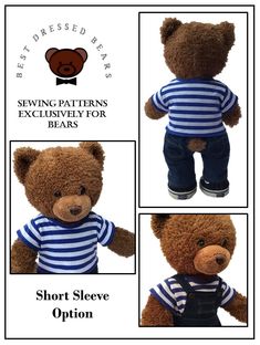 the stuffed bear is wearing a striped shirt and jeans