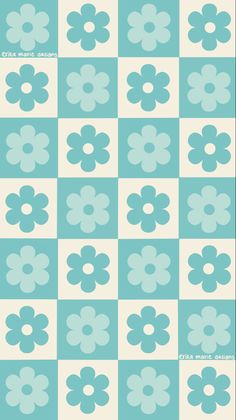 a blue and white checkerboard pattern with flowers on the bottom, in different colors