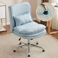 a blue office chair with a pillow on it