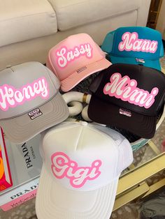 For the cool grandma in your life! Customize with your grandma name and your choice of hat color! Trendy Brimmed Baseball Cap With Letter Print, Pink Curved Brim Hat Personalized, Fun White Baseball Cap, Trendy Brimmed Trucker Hat With Letter Print, Fun White Brimmed Baseball Cap, Casual Snapback Hat For Birthday, Personalized Blue Hat With Curved Brim, Personalized Casual Hats For Spring, Trendy Personalized Baseball Cap