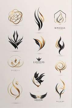 a collection of logos designed in gold and black