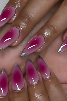 Nail Art Pointy Nails, Translucent Pink Nails Almond, Short Pointy Nails Designs, Pointy Nails Short, Pink And Grey Nails Designs, Dark Pink Nail Art, Pink Pointy Nails, Funky Pink Nails, Pink Birthday Nails Acrylic