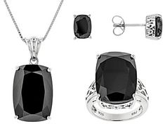 44.39ctw rectangular cushion black spinel rhodium over sterling silver ring, pendant with chain and earrings set. 3.5mm bail. 2" extender. Unconventional Engagement Rings, Black Diamond Jewelry, Black Opal Ring, Rectangular Cushion, Purple Jewelry, Jtv Jewelry, Black Diamond Ring, Jewelry Black, Pendant With Chain