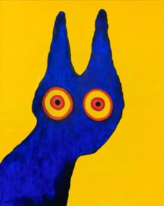 a painting of a blue dog with yellow background and red circles on it's eyes