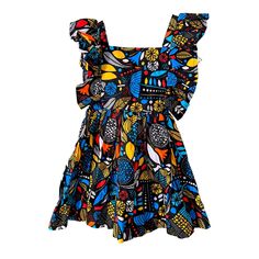 Brighten up your little one's wardrobe with this beautifully vibrant, open back African print dress! Featuring a playful mix of bold colors and intricate patterns, this dress is perfect for any occasion.  The ruffled sleeve adds a charming touch, while the full skirt ensures your child can twirl with ease. Made from lightweight, breathable fabric, it's comfortable for all-day wear. Perfect for summer outings, parties, or cultural celebrations. Style it with cute sandals or sneakers for a complet Playful Multicolor Floral Print Dress, Summer Floral Print Dress For Playdate, Blue Bold Print Dress For Vacation, Blue Bold Print Summer Dress, Blue Dress With Bold Print For Vacation, Blue Summer Dress With Bold Print, Summer Blue Dress With Bold Print, Multicolor Cotton Ruffle Mini Dress, Floral Print Sleeveless Playwear Dresses