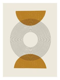 an abstract art print with two circles in gold and white, on a beige background