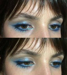 @8374639828 on reddit Blue Makeup Inspiration, Donni Davy Makeup, Puffy Eye Makeup, Funky Eyeshadow, Blue Liner Makeup Look, Smokey Blue Eyeshadow, Funky Eye Makeup, Blue Eyeliner Blue Eyes, Indie Sleaze Makeup