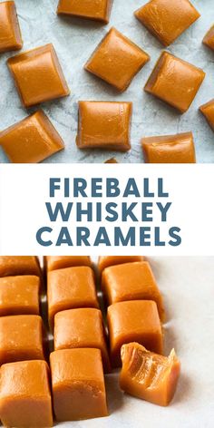 fireball whiskey caramels on a baking sheet with text overlay that reads, fireball whiskey caramels