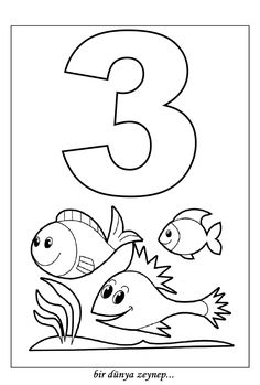 the number three coloring page for children with fish and seaweed in black and white